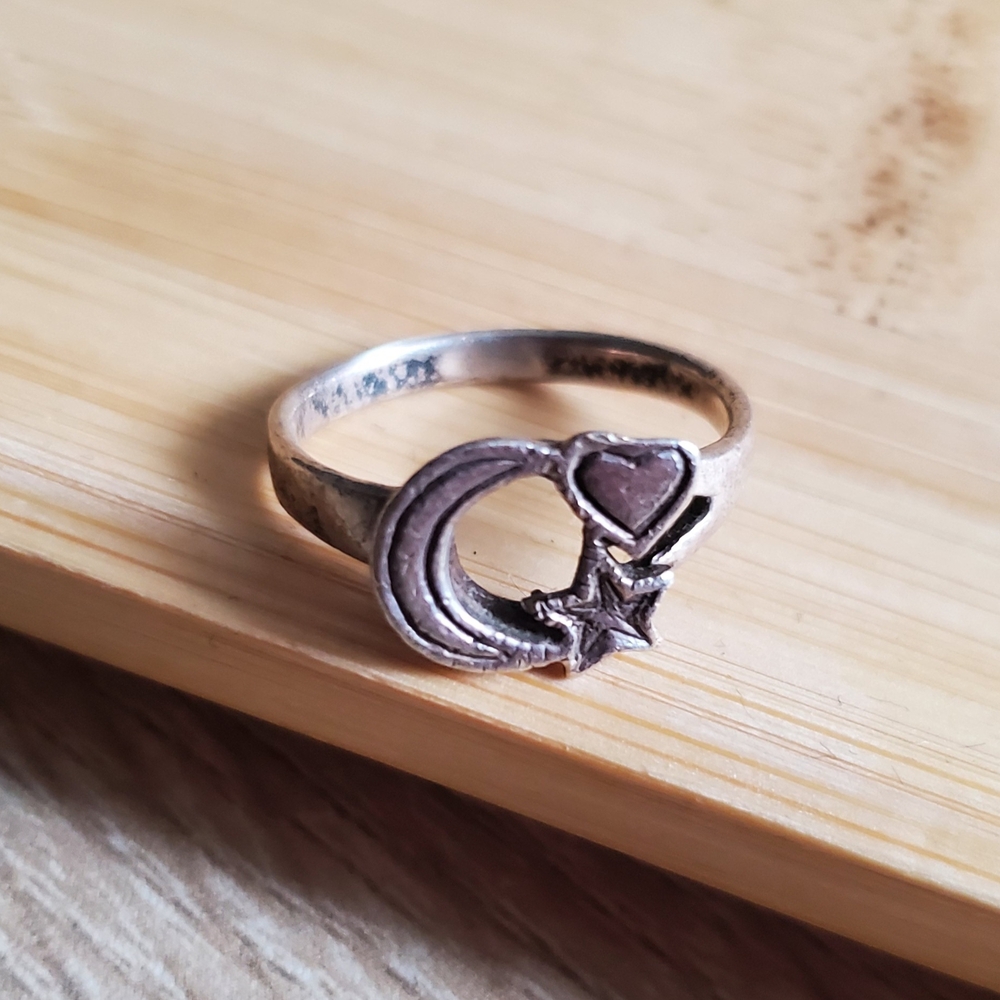Silver Celestial Ring with Moon, Heart and Star Design